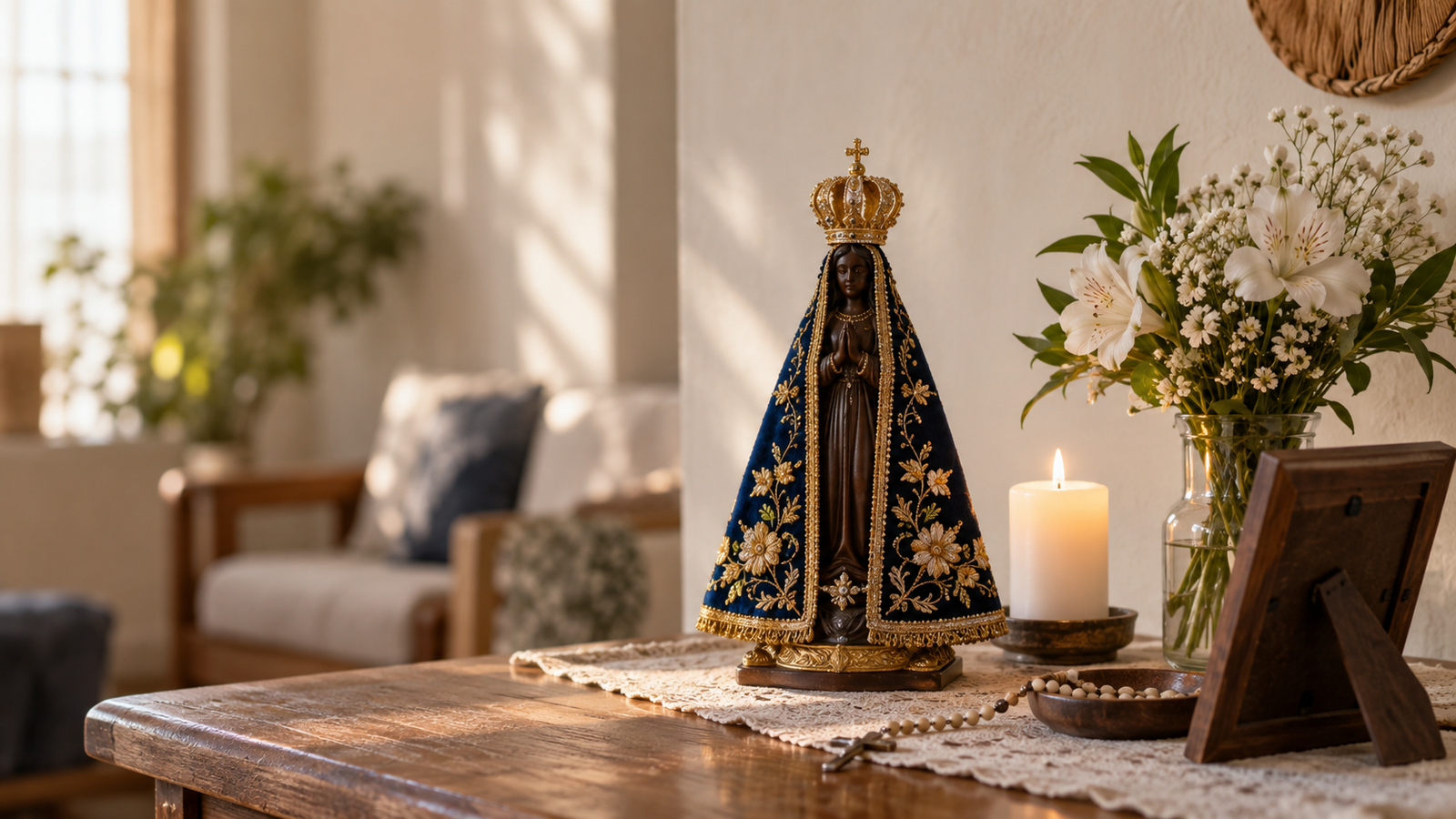 Nossa Senhora Aparecida em um ambiente doméstico iluminado