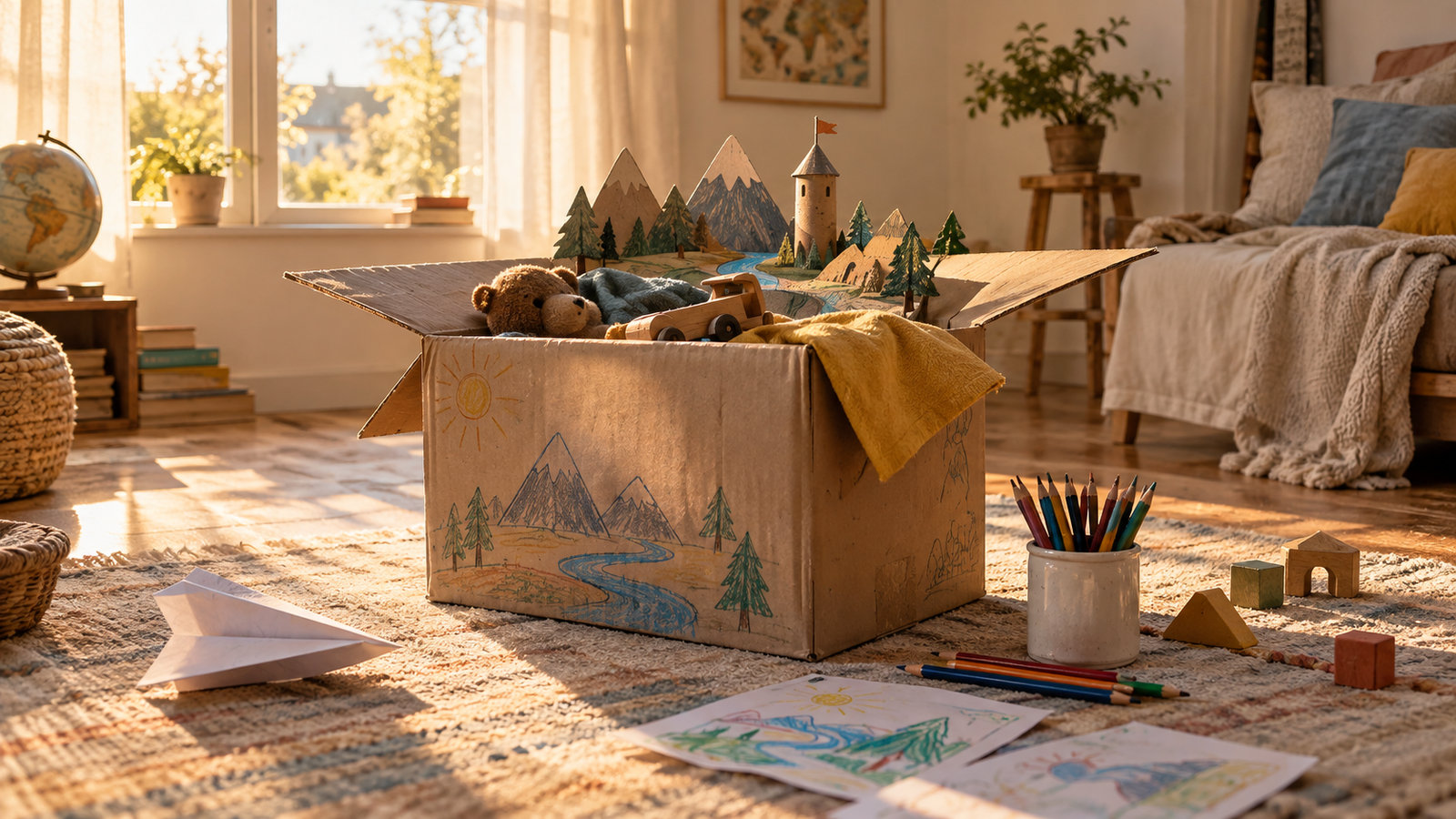 Caixa de papelão desenhada e brinquedos em um quarto iluminado